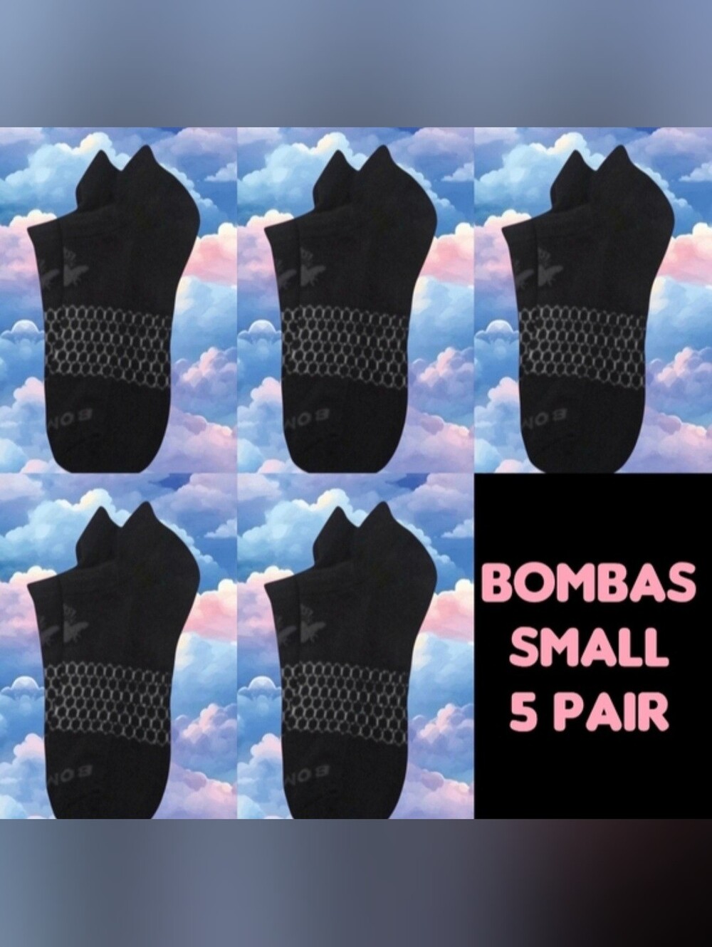 Bombas Ankle Socks Small 5 Pair Womens Honeycomb Black/Grey BNWT
